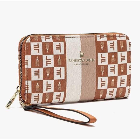 London Fog Women’s Camel Adalia Signature Zip Around Wallet Logo Card Slots NEW - Picture 2 of 8